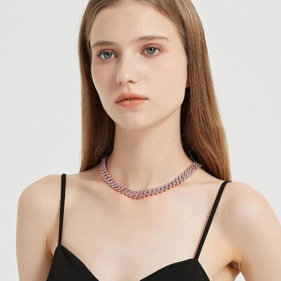 Cuban Link Chain for Women Diamond Miami Cuban Choker Necklace 12mm Pink Crystal - Picture 2 of 6